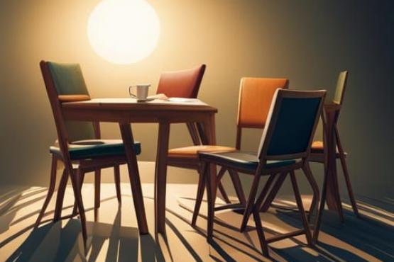 ai generated illustration of a circle of folding chair-like objects around a table with a coffee cup, illuminated by a glowing circle of light