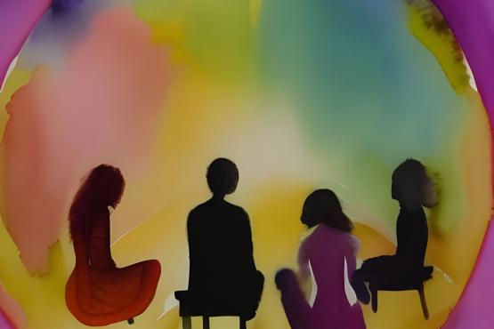 ai gen watercolor of ppl sitting in a circle, colorful background